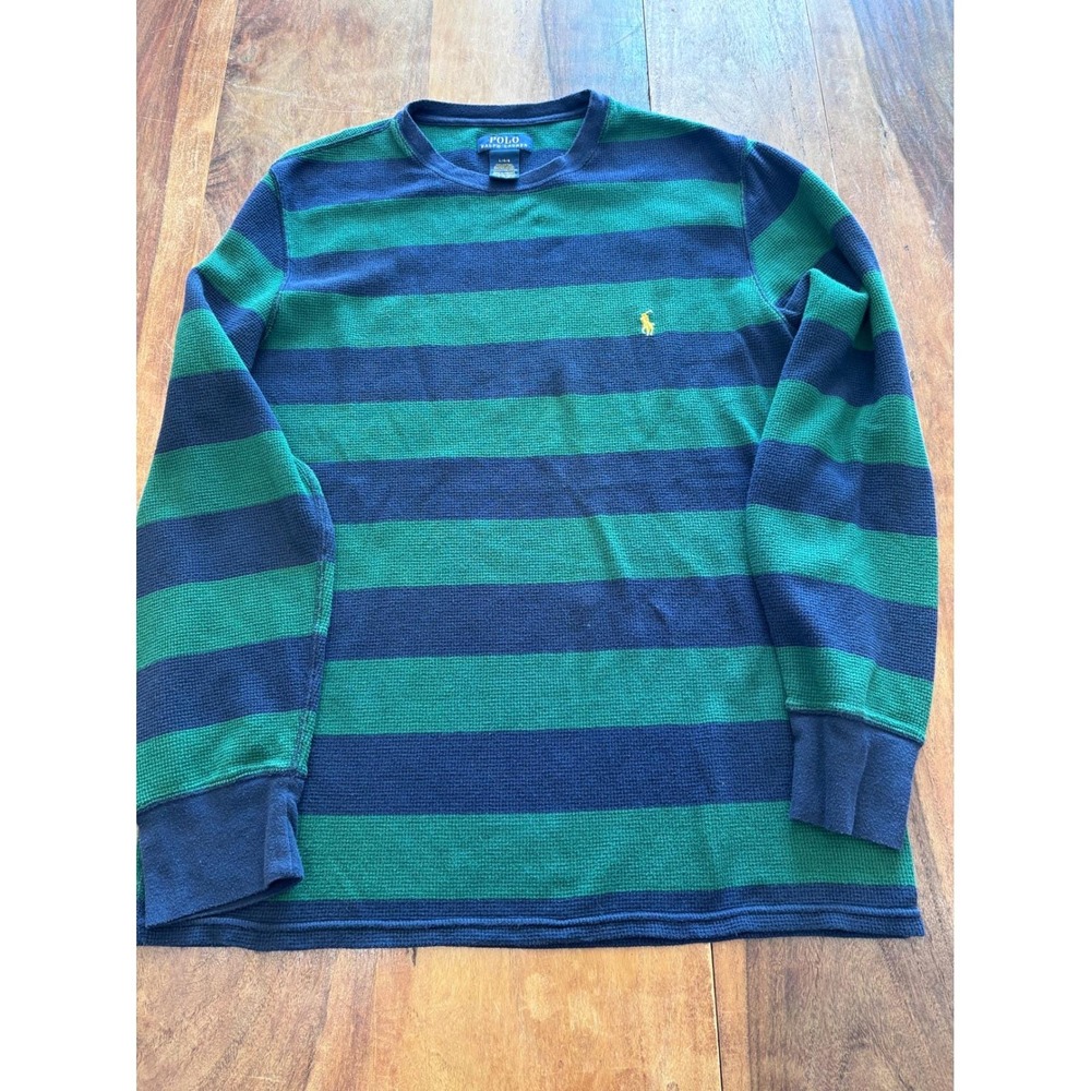 POLO RALPH LAUREN thermal shirt mens L navy green striped waffle knit long slv